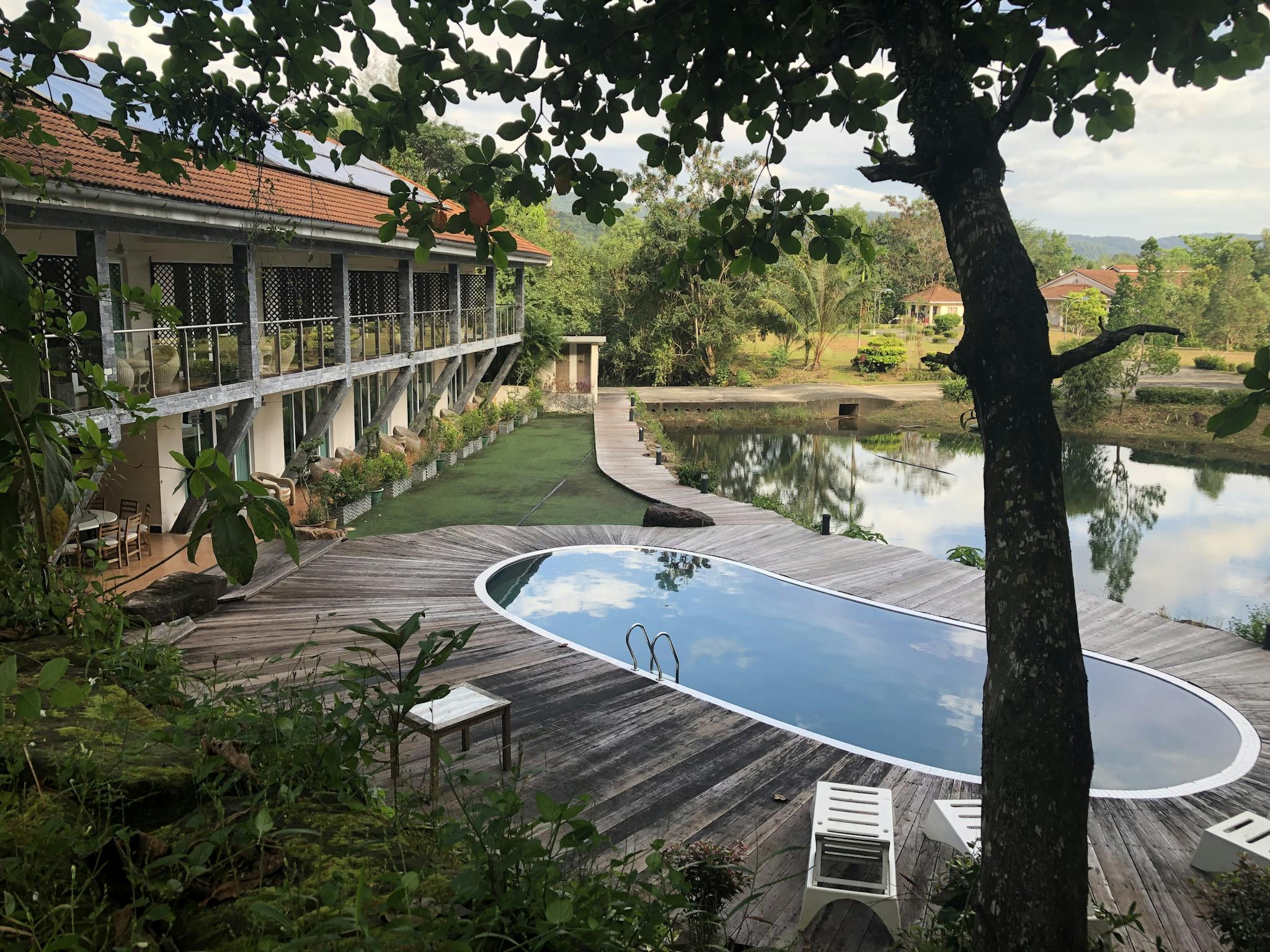 Relaxing resort in Cambodia featuring a serene poolside view, surrounded by lush greenery.